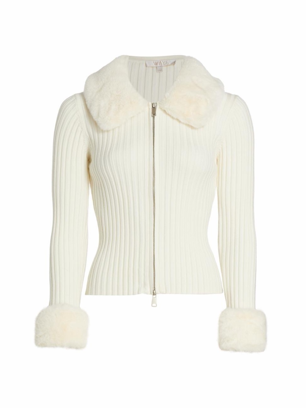 Wayf Cream Ribbed Zip Cardigan with Faux Fur Collar & Cuffs